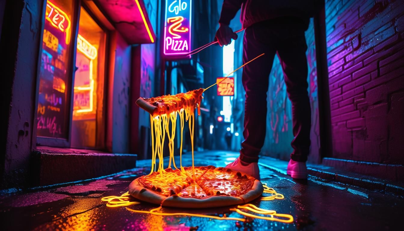 Retro-Futuristic Neon Pizza in a Dark Alley