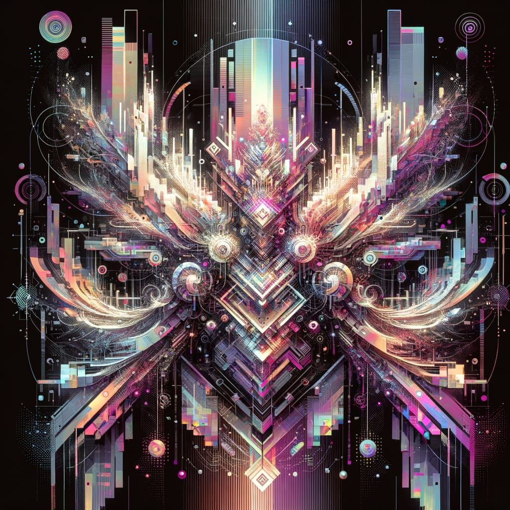 Symmetrical Glitchcore Art with Holographic Highlights