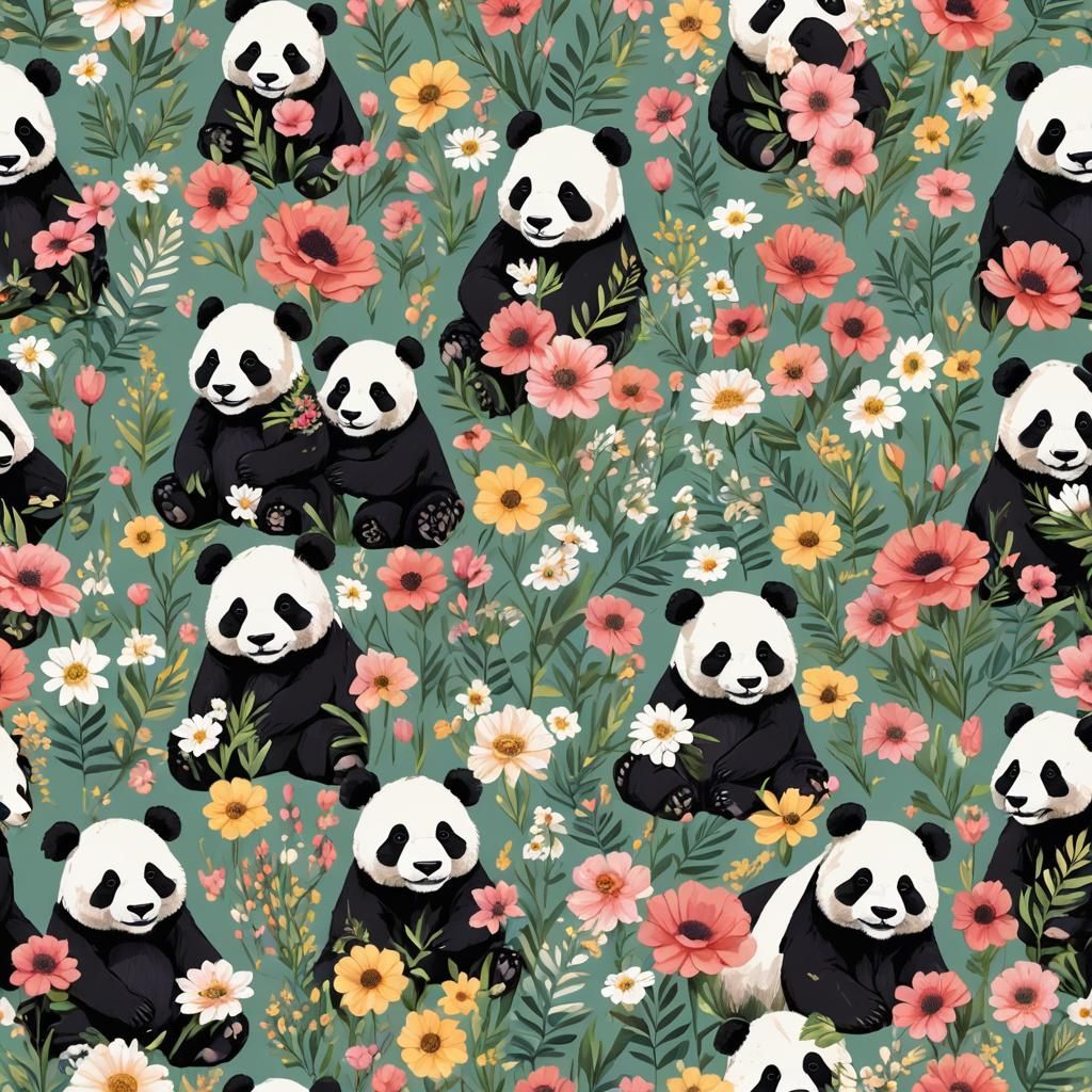 Panda Bear Surrounded by Colorful Flowers