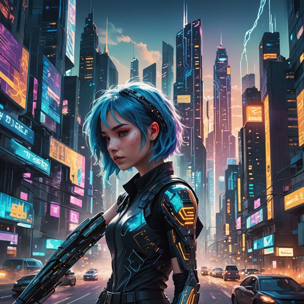 Futuristic Girl with Blue Hair in Neon City