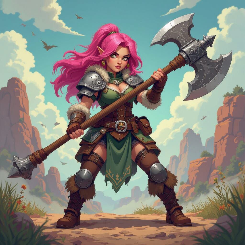 Dwarf Barbarian Woman with Pink Hair in Cartoon Style