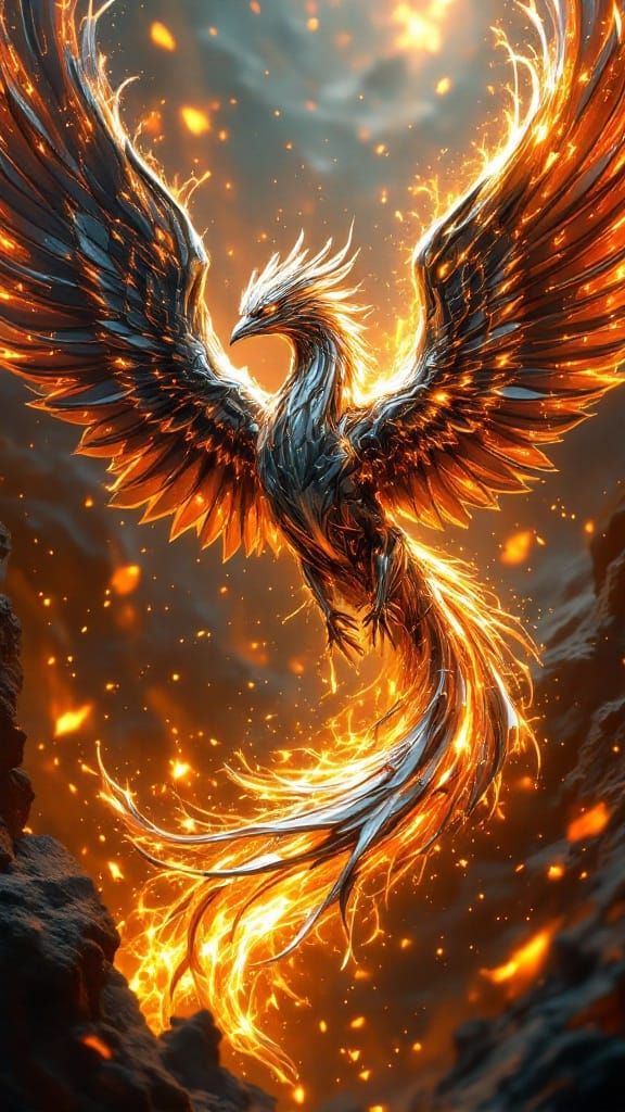 Cyberpunk Phoenix Emerges from Vortex of Flames with Angelic...