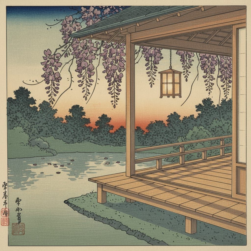 Ukiyo-e Spring Sun with Wisteria Blossoms