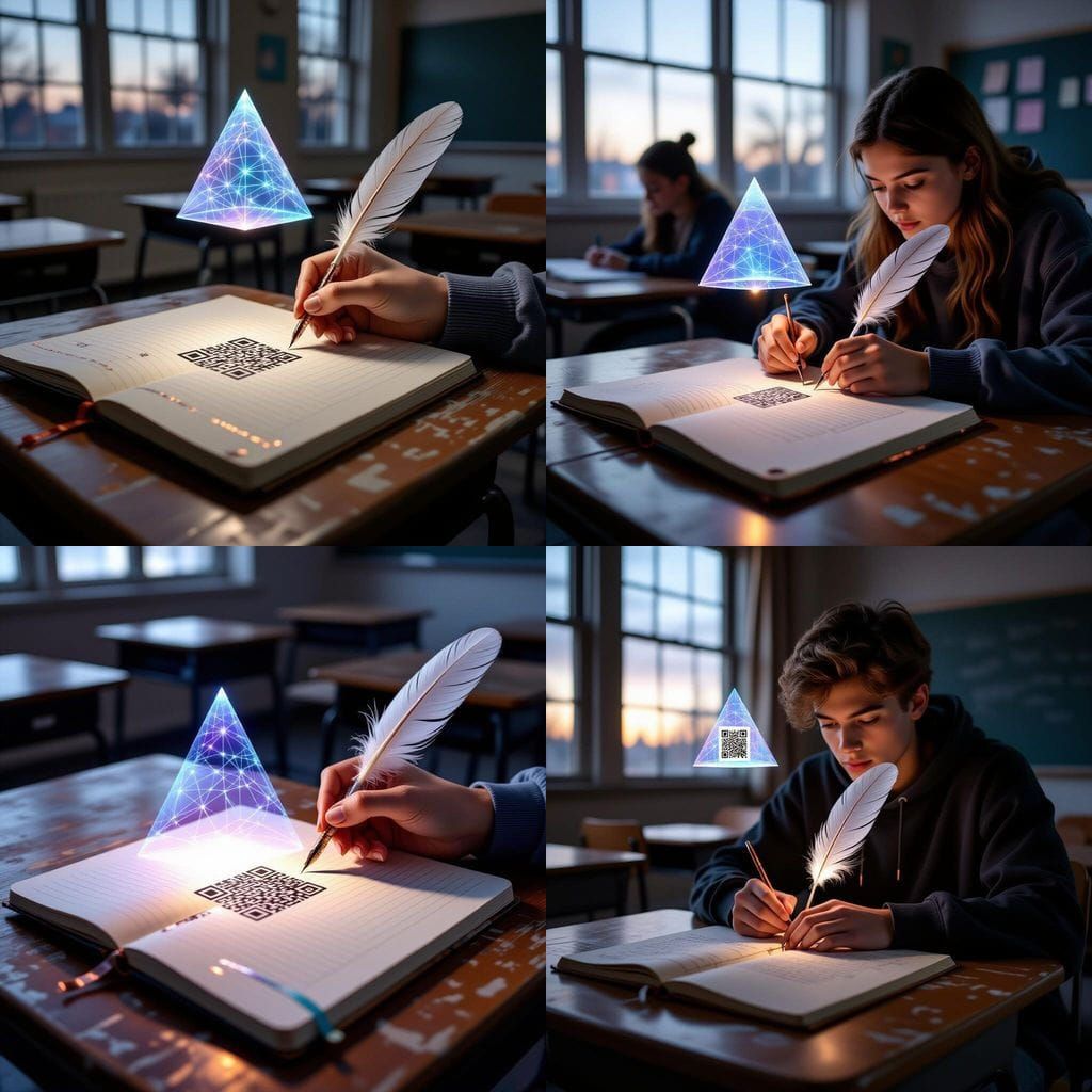 Twilight Classroom Scene: Student with Holographic Quill