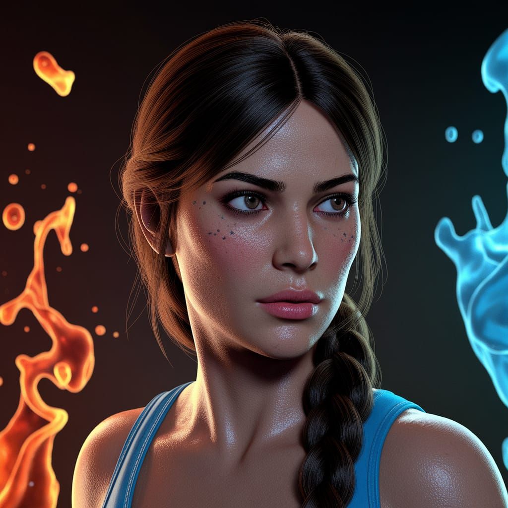 Lara Croft Amidst Fire and Water in Cosmic Universe