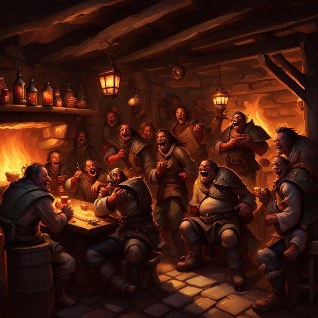 Orks in a medieval tavern drinking and telling tales, roaring fire in the fireplace, ork barmaid