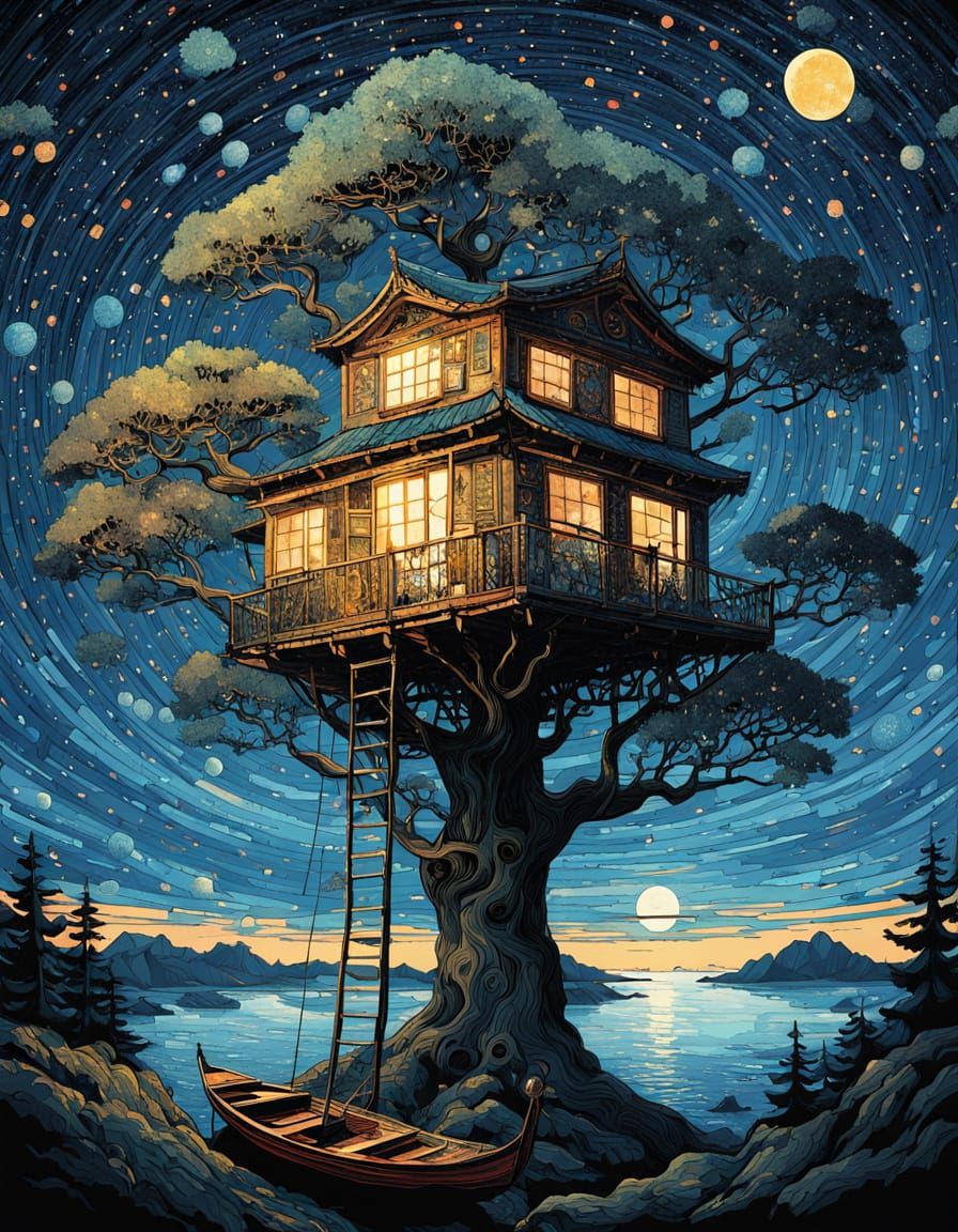 Whimsical Treehouse Oasis in Starlit Skies