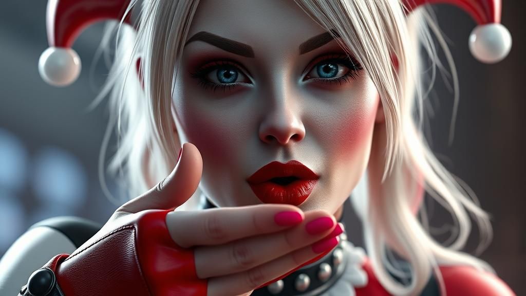 Hyperrealistic Harley Quinn Blowing a Kiss in 64K