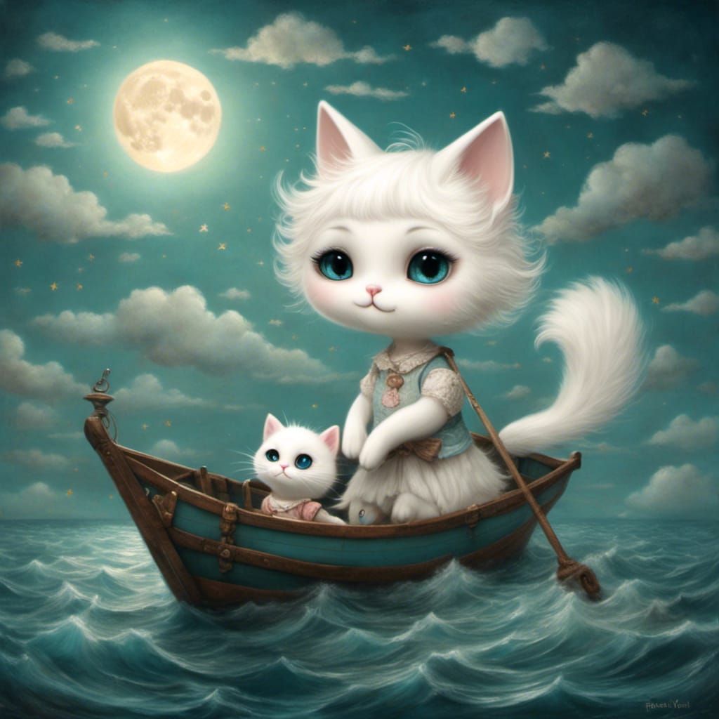 Whimsical Sea Journey: Cat, Girl, and Moon