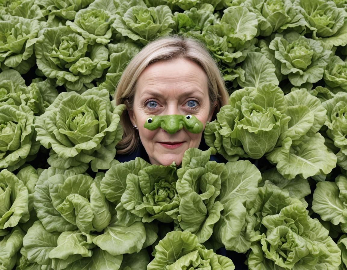 Liz Truss next to a lettuce with googly eyes