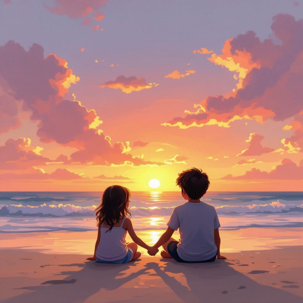 Romantic Beach Sunset in Dreamy Digital Art Style