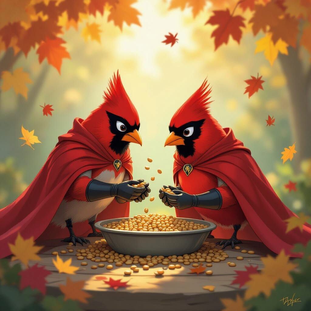 Superhero Cardinals Collecting Bird Seed in Garden