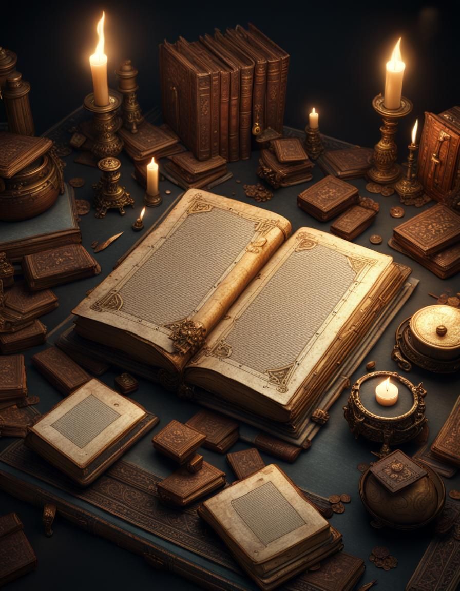 Ancient Tome Surrounded by Books, Dark Fantasy Art