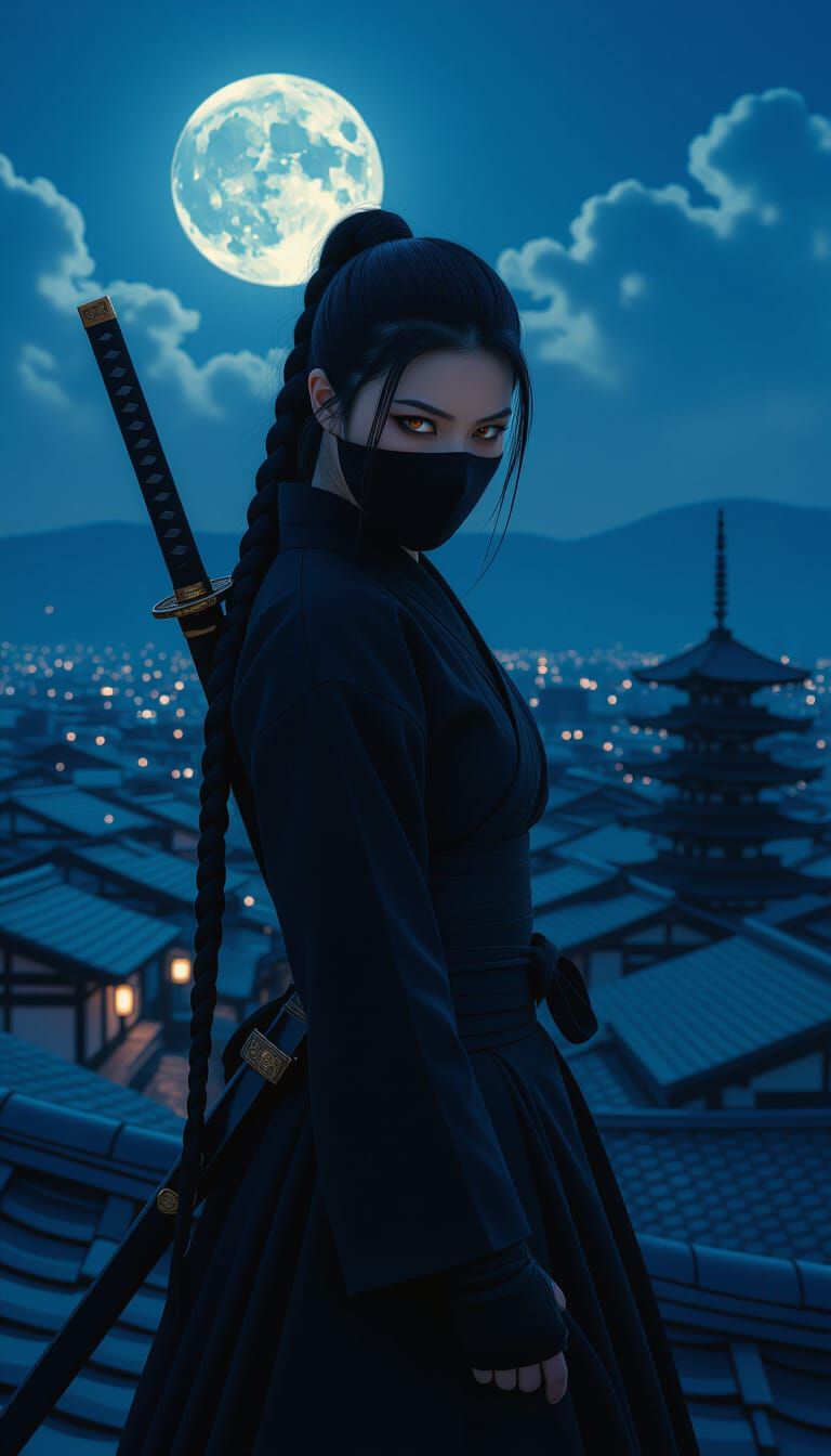 Kunoichi on Rooftop in Cinematic Film Style