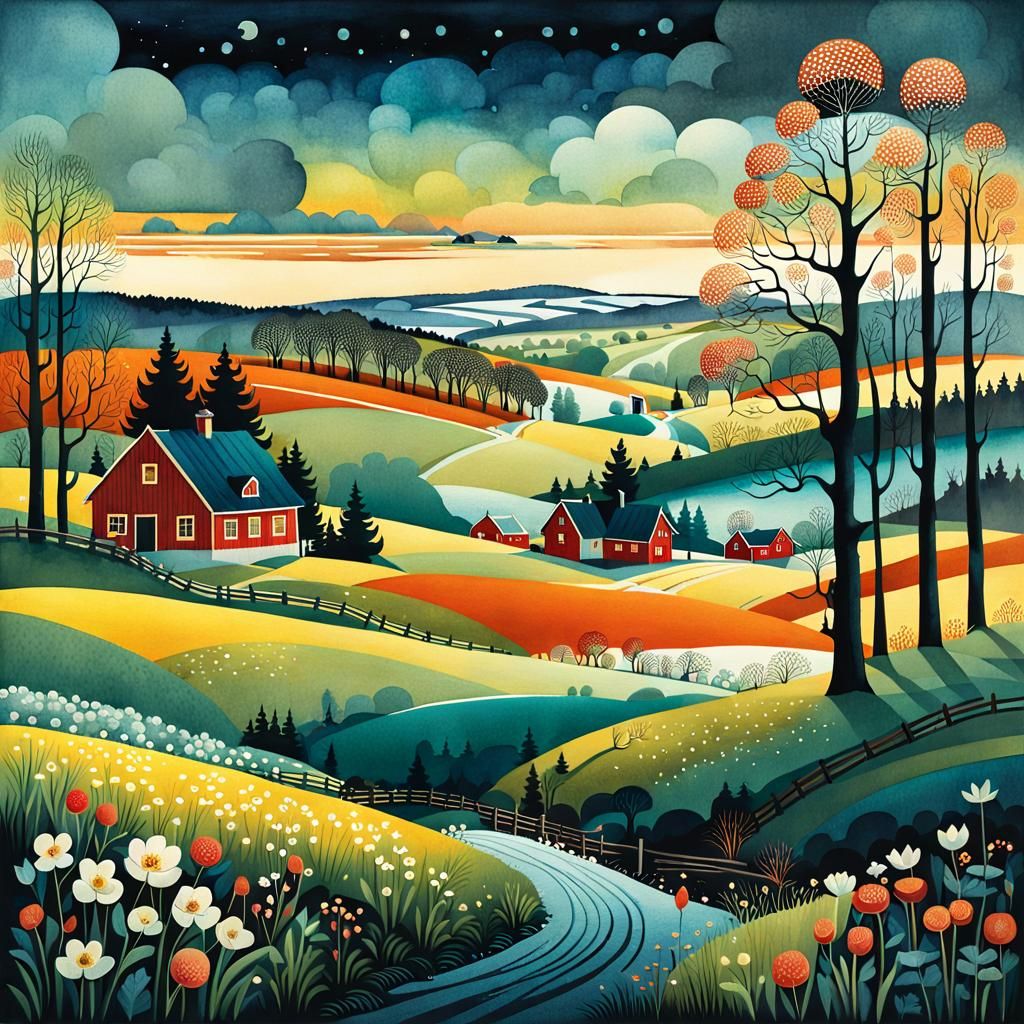 Scandinavian Spring Countryside in Watercolour Style
