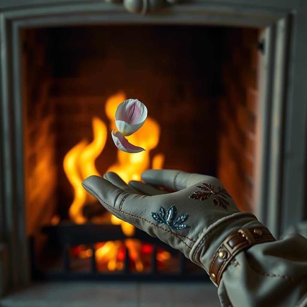 Embroidered Glove Catches Petal by Firelight