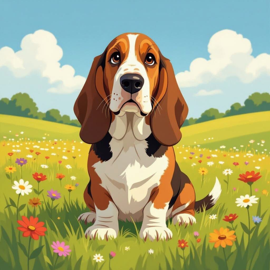 Basset Hound in Sunny Meadow, Storybook Style