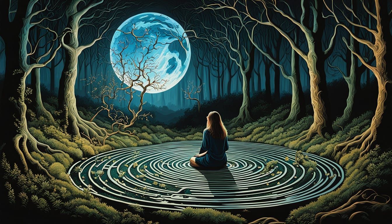 Surreal Woman in Mirror Labyrinth: Bio Art Collage