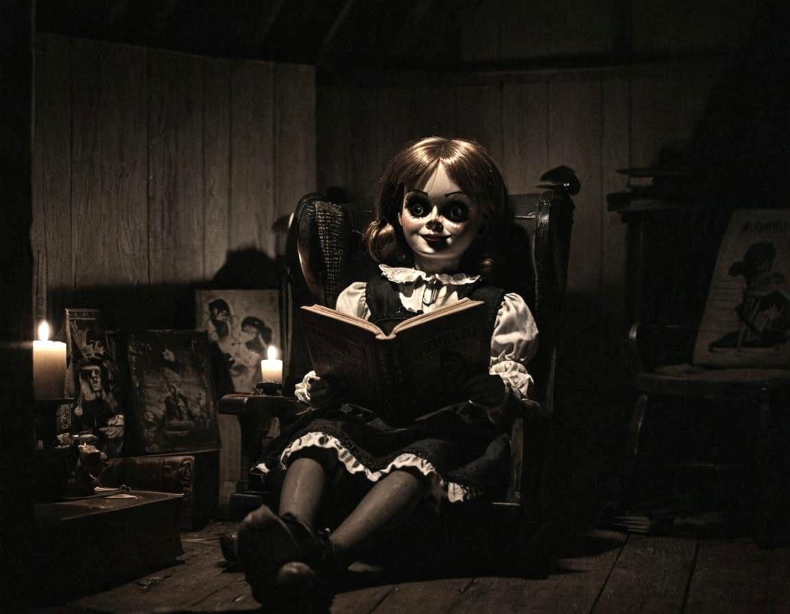 Annabelle doll sitting in an old rocker reading a book