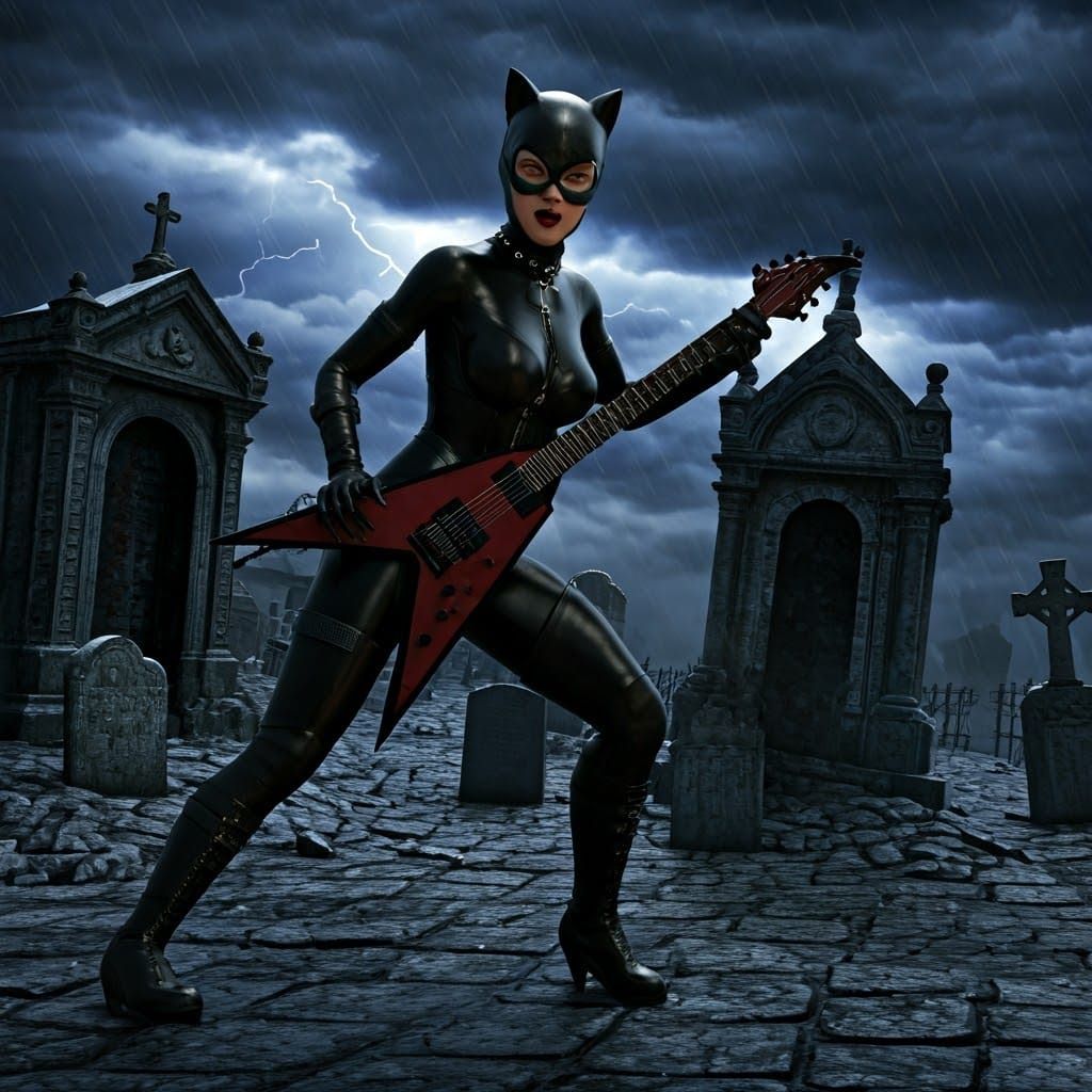 Catwoman in Dark Gothic Scene with Electric Guitar