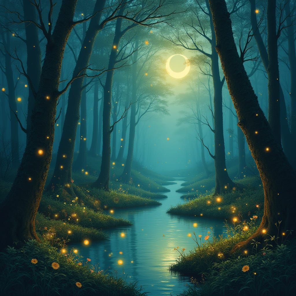 Dreamlike Whimsy in a Vibrant Forest at Dusk