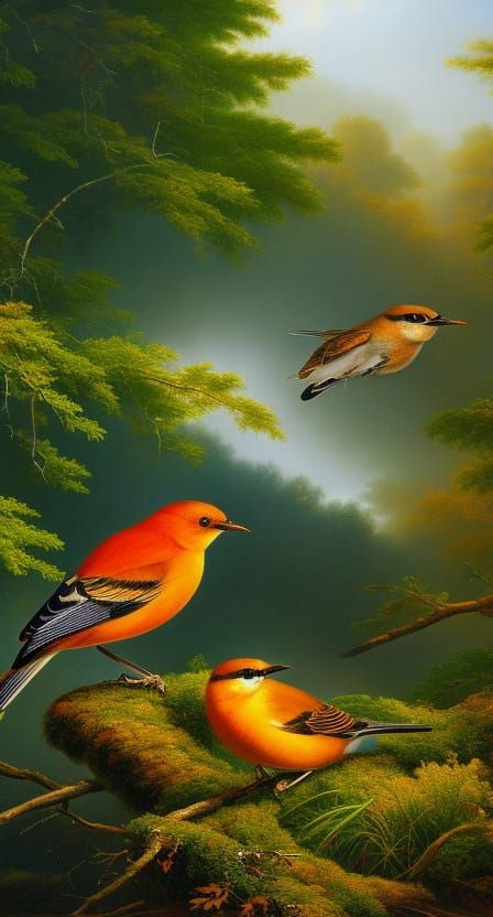 Birds in Nature Digital Painting, Chinese Impressionism
