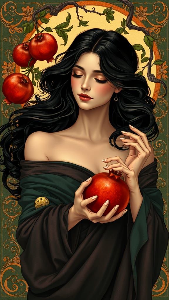 Art Nouveau Woman with Pomegranate, Mucha Style