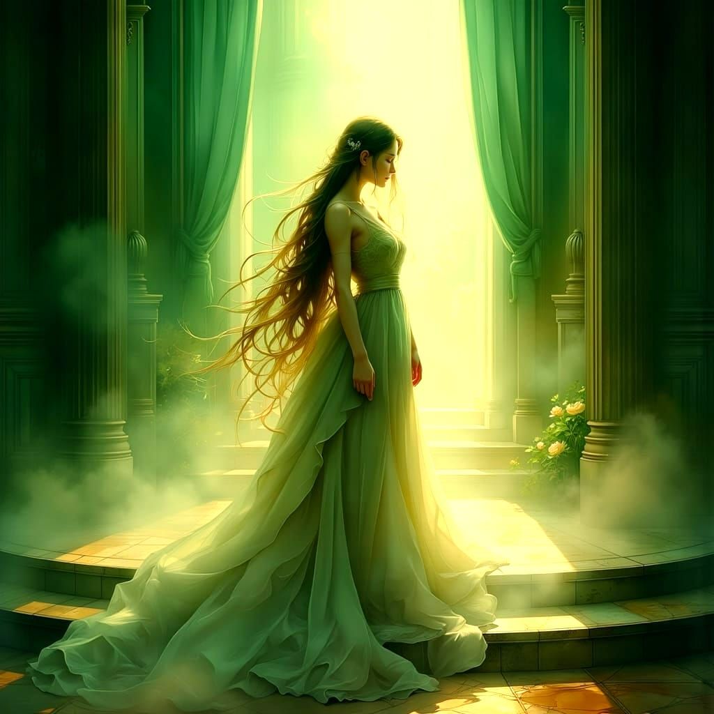 Long-Haired Band Singer in Dark Green and Gold