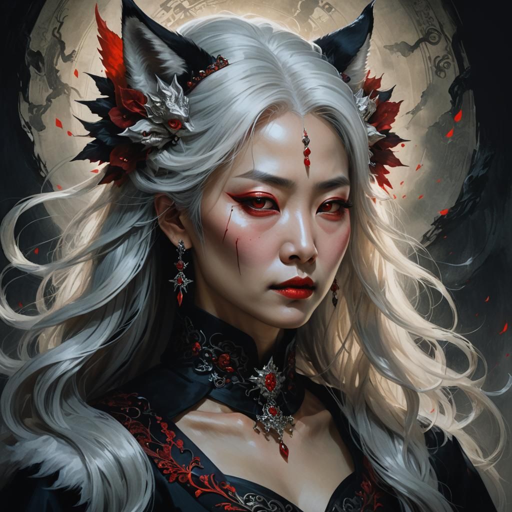 Korean Vampire Queen with Fox Ears in Art Nouveau Style