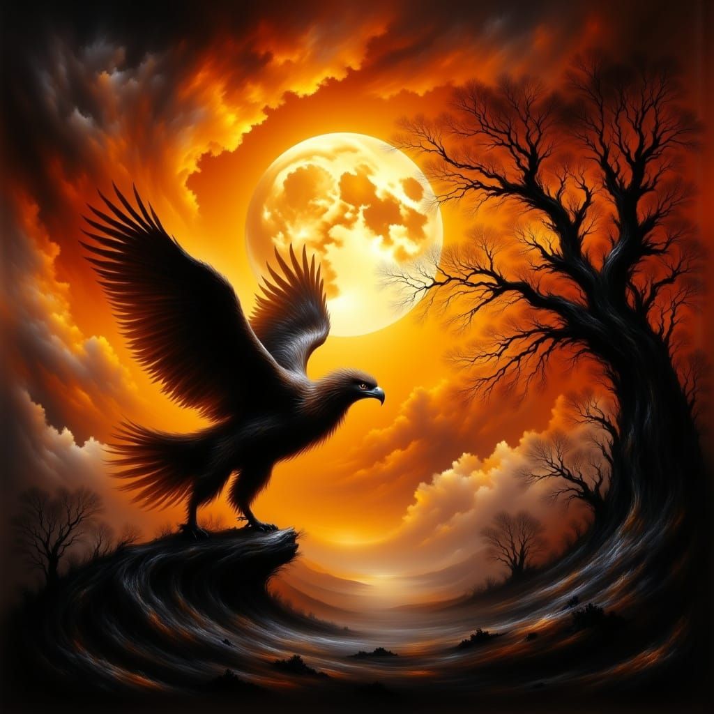 Eagle's Ethereal Shadow Against Vibrant Sunset