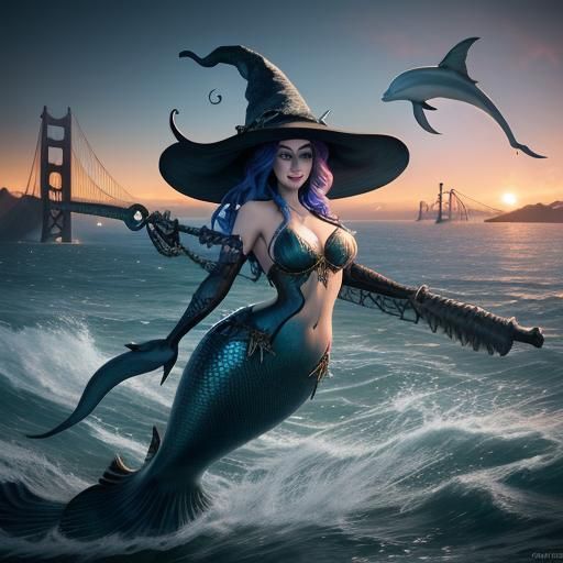 Surreal Mermaid Witch Rides a Broomstick Underwater