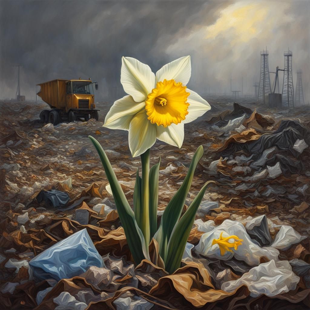 Daffodil Blooms in Landfill: Oil Painting