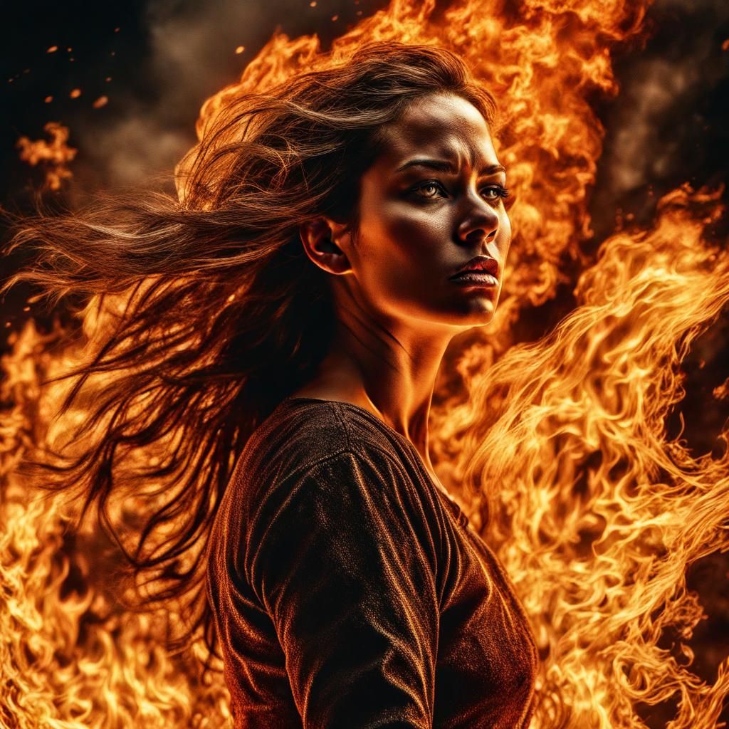 Woman Ablaze: Hyperrealistic Fire Portrait