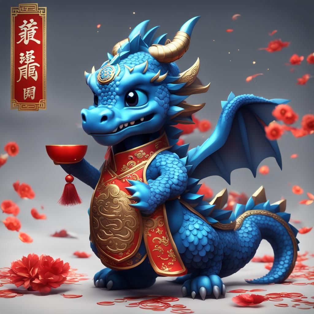 Cute Blue Dragon Chinese New Year Card in 3D