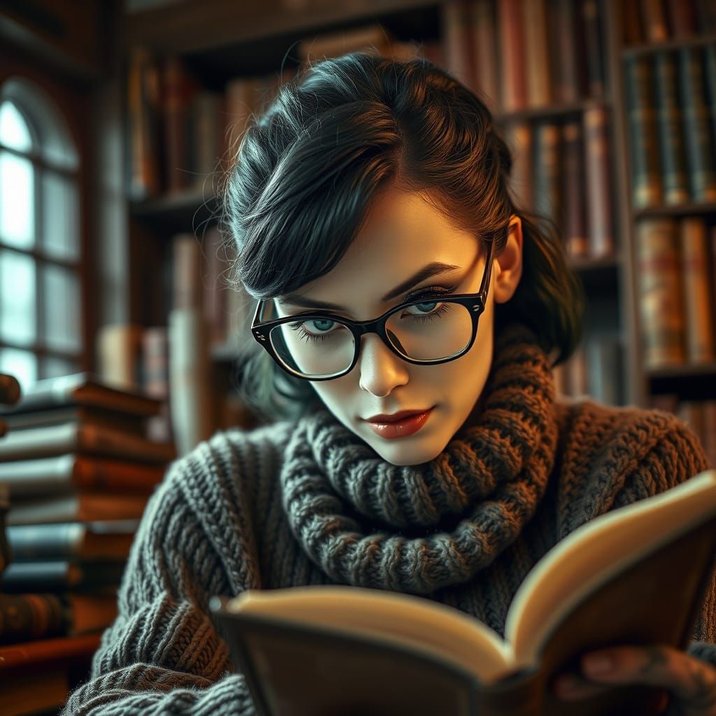 Elegant Woman Reads in Vintage Library