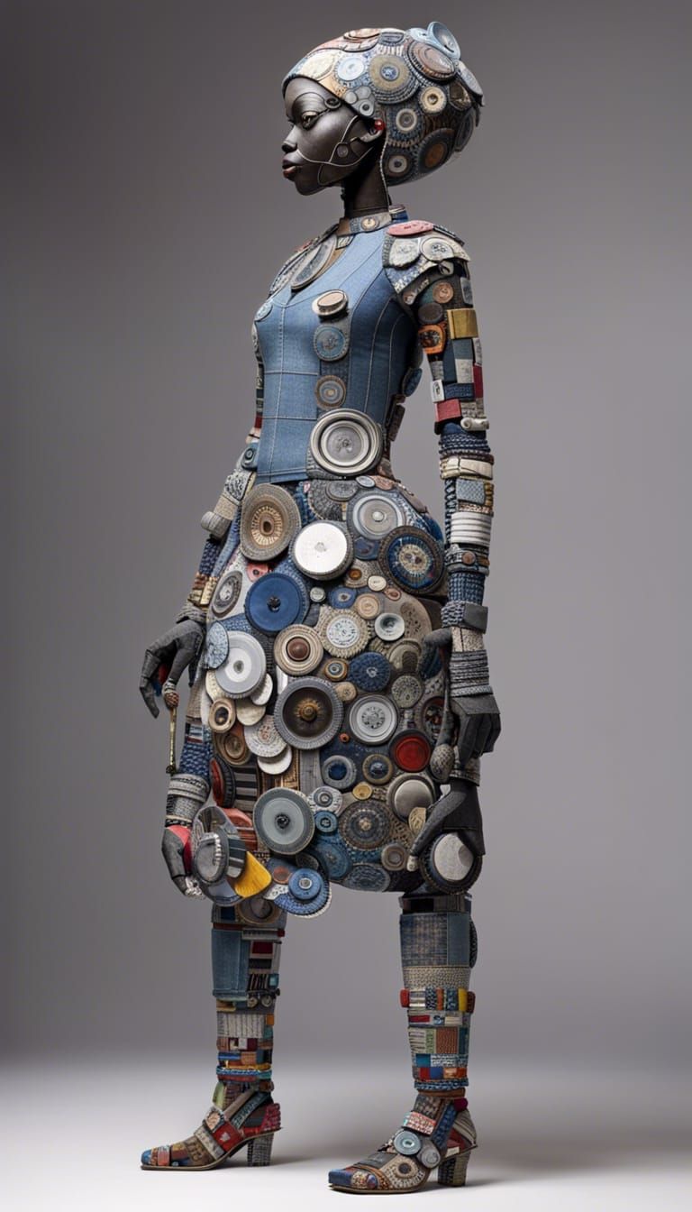 Afrofuturistic Cybernetic Woman Sculpture in Patchwork Colla...