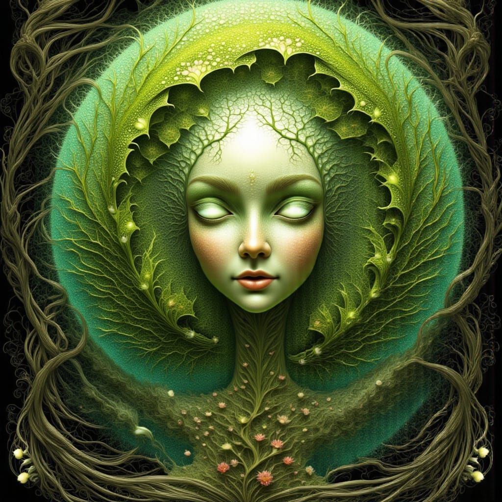 Ethereal Green Goddess in Botanical Cityscape