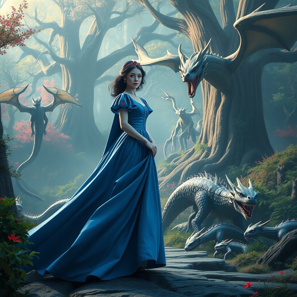 Snow White and Dragons in Mystical Forest