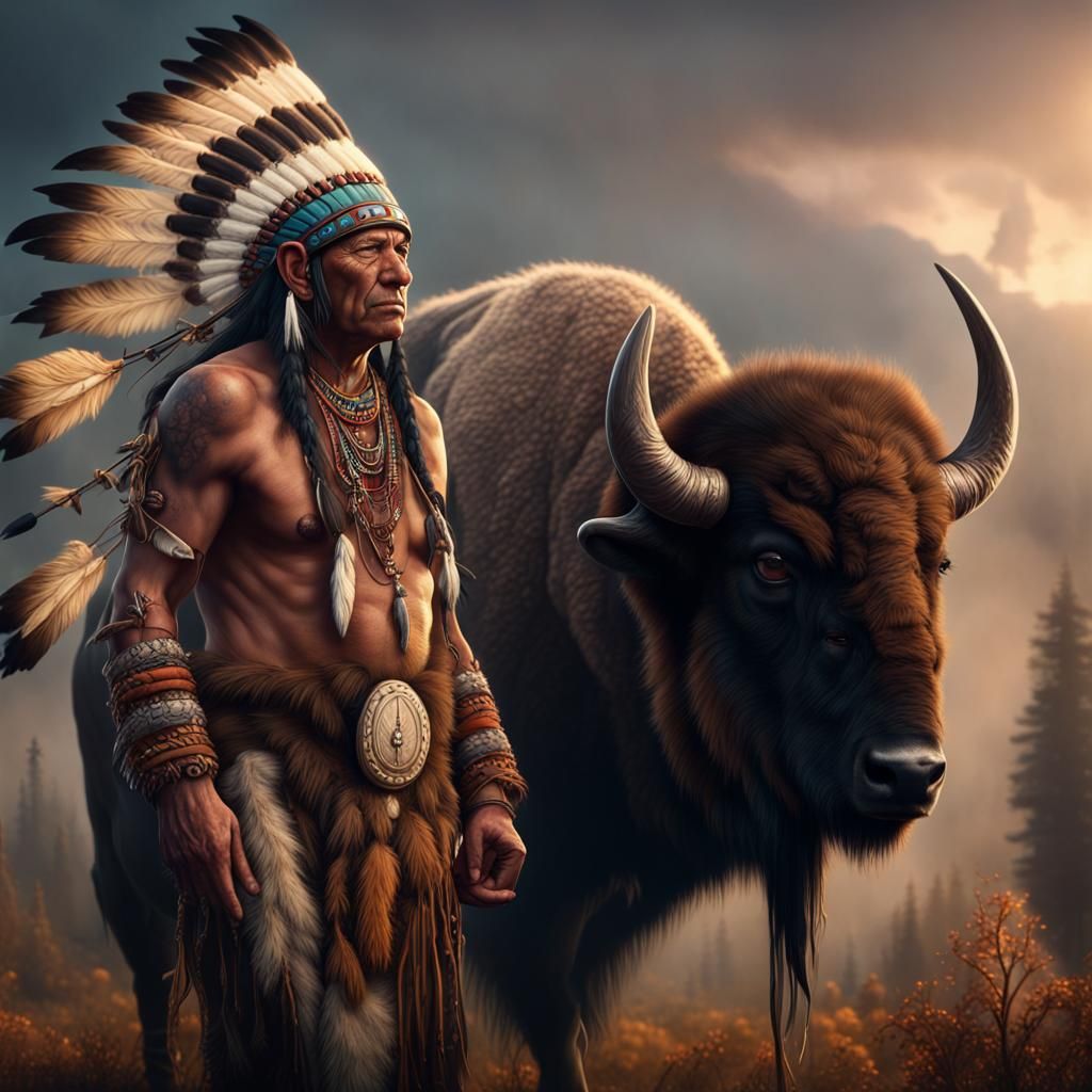Native American Chief with Buffalo Spirit in Detailed Painti...
