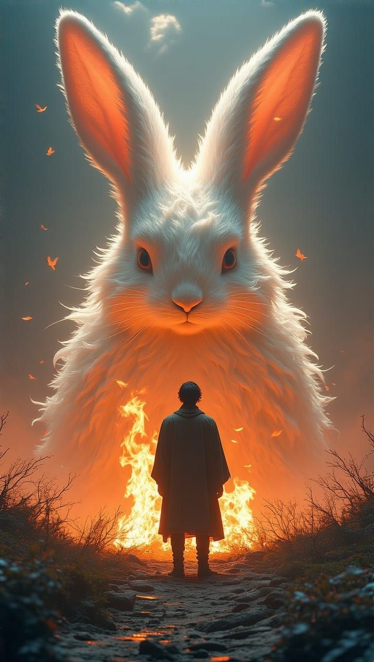 Mystical Warrior Beside Fiery Blaze with Gigantic Easter Bun...