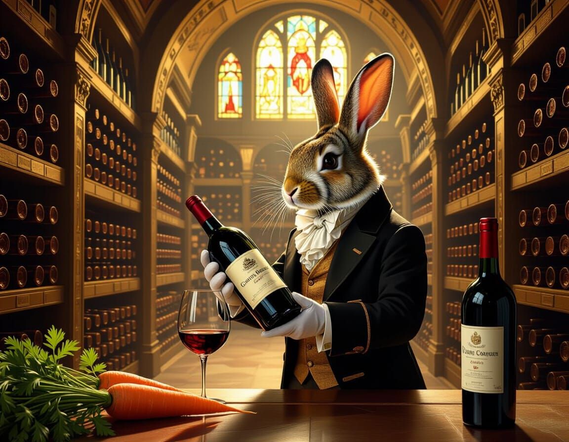 Rabbit Sommelier Inspects Vintage Carrot Wine in Art-Deco Ce...