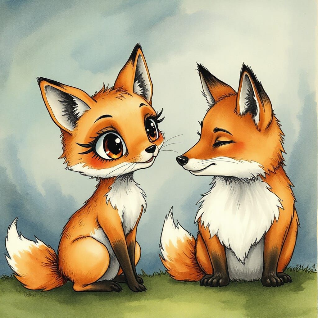 Whimsical Fox Courtship in Delicate Watercolor Style