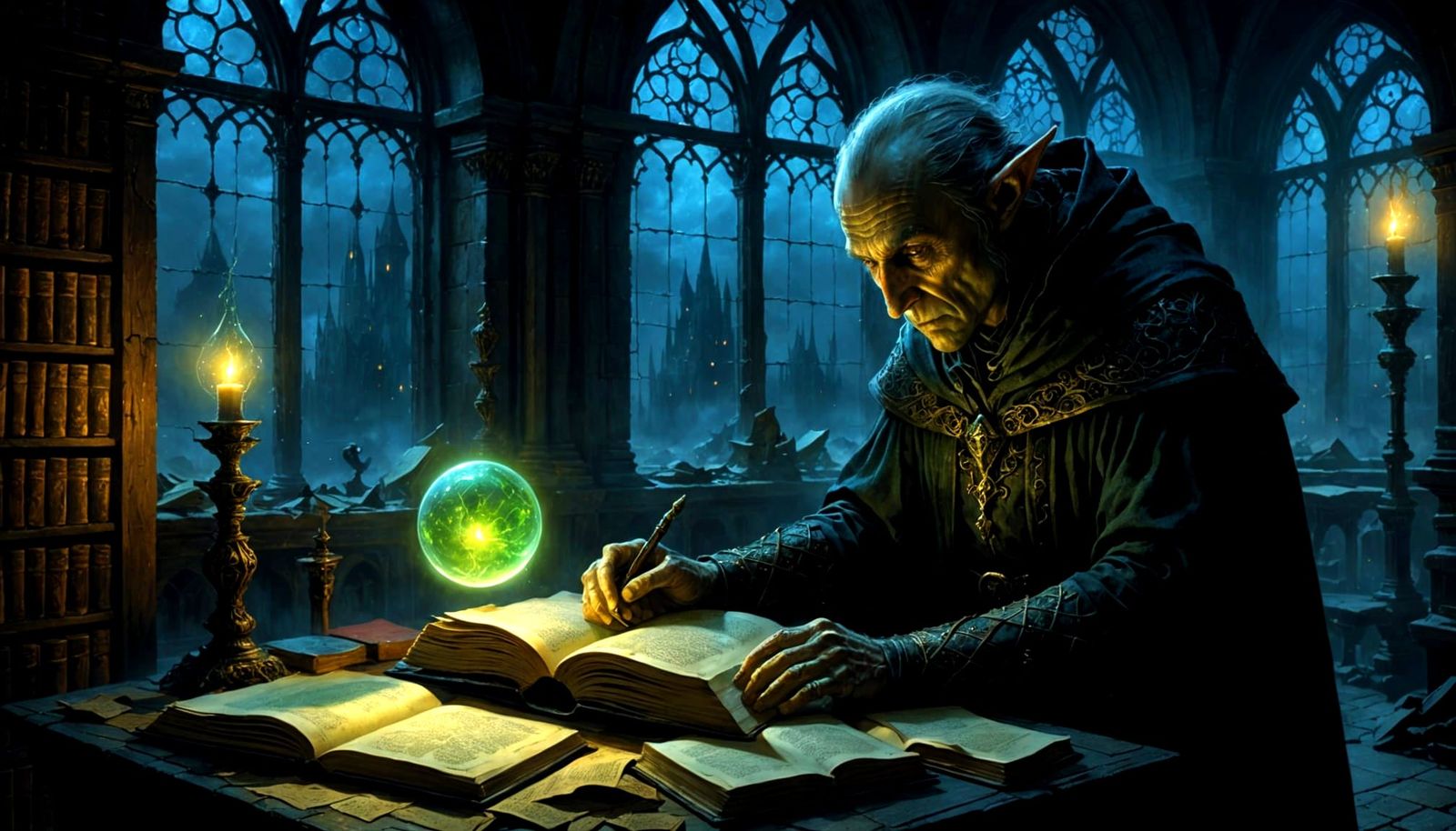 Ancient Elf Scholar in Arcane Library