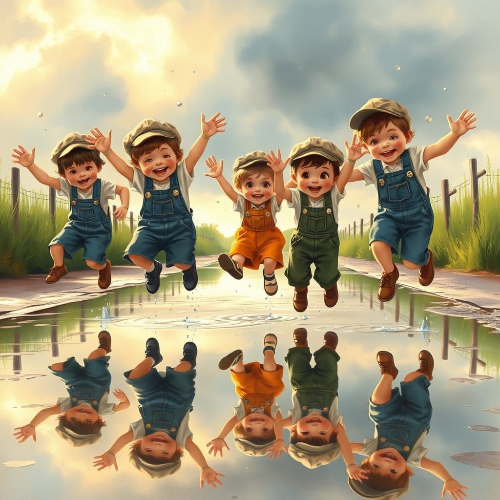Children Jump into Puddles Under Golden Evening Light