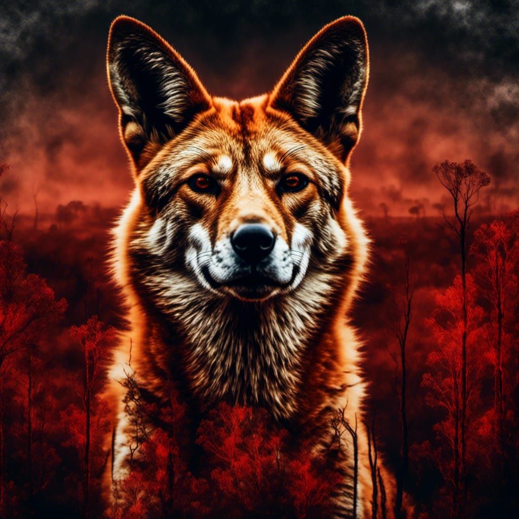 Dingo Double Exposure Portrait in Outback Landscape