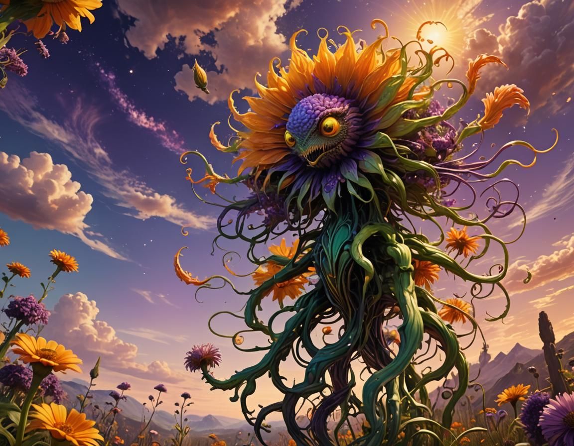 Surreal MenFlower Blossoms in Fantasy Landscape