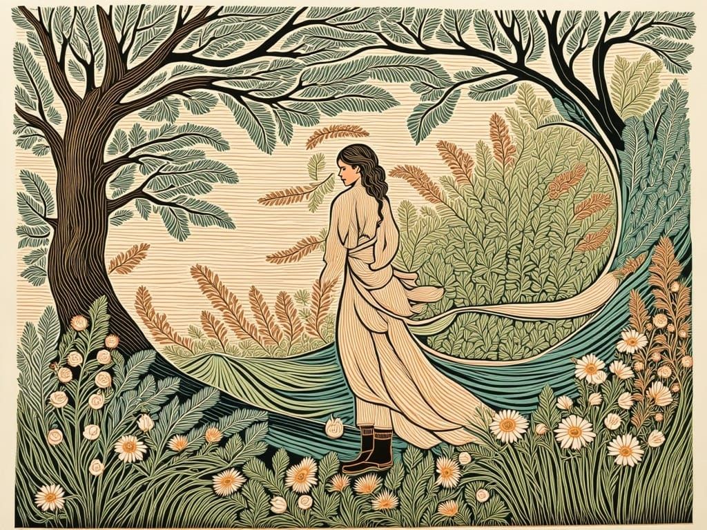 Whimsical Folk Art Linocut of a Woman in Spring