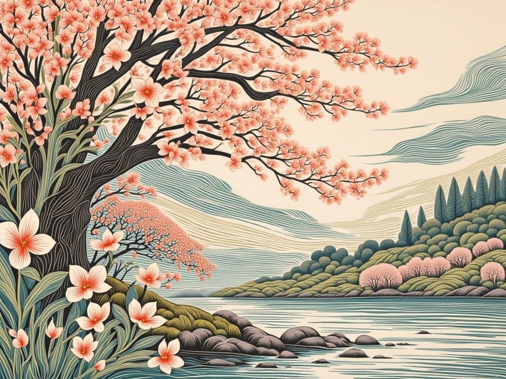 Early Spring Linocut in Soft Pastel Hues