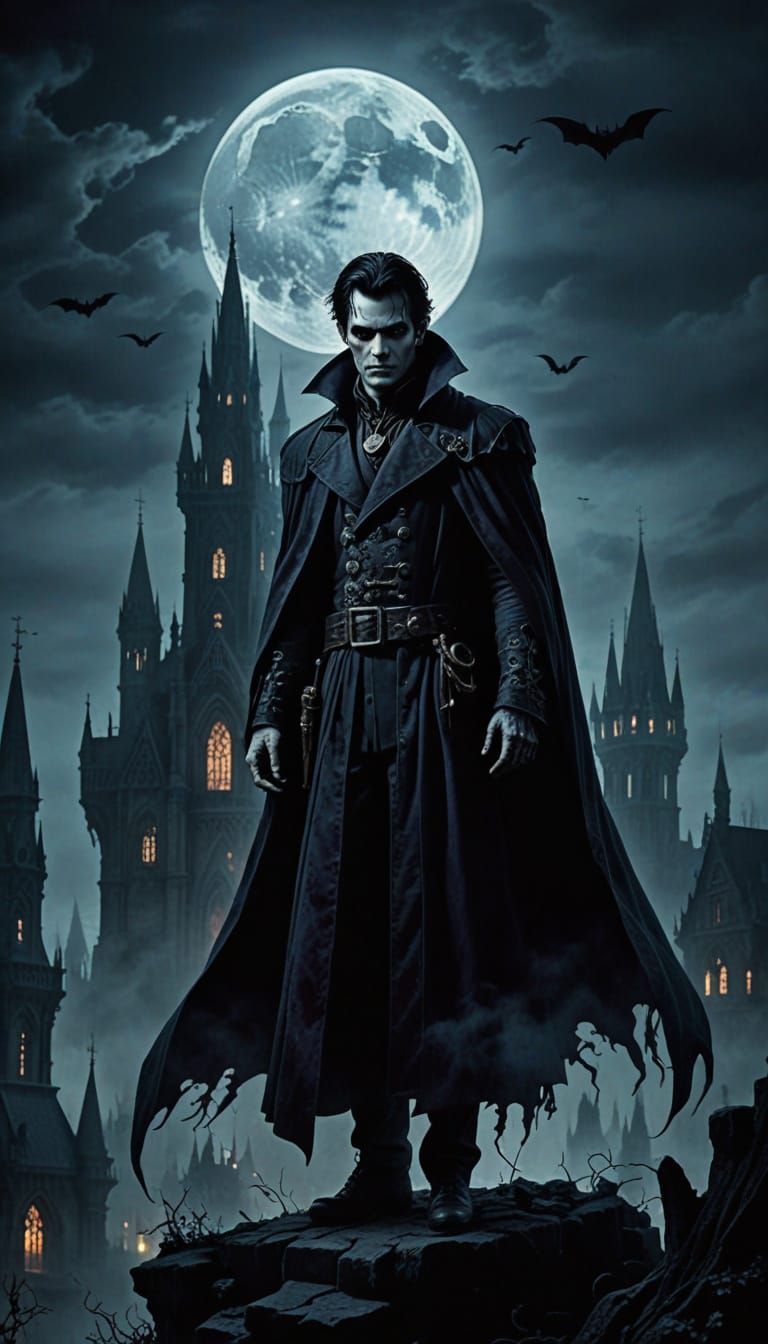 Gothic Vampire Rises Above a Foggy Cityscape in a Haunting, ...