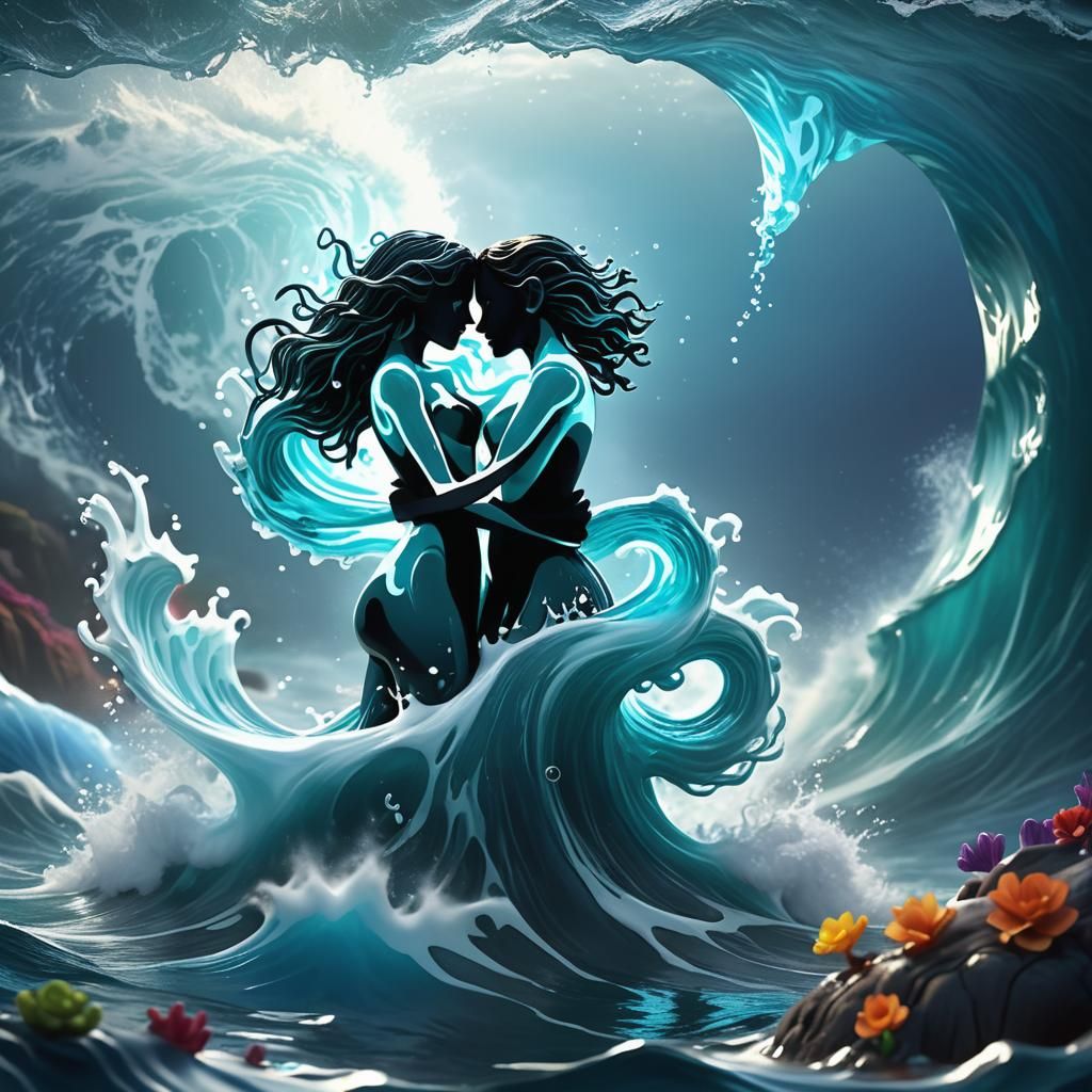 Water Elementals Embrace in Vibrant Digital Art